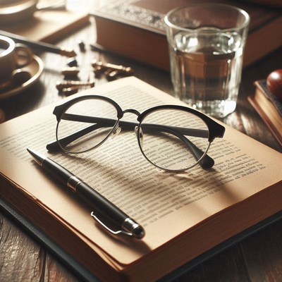 Glasses and a pen rest on an open book