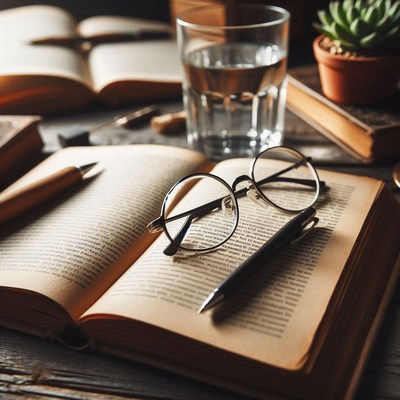 Glasses and a pen rest on an open book