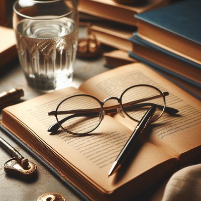 Water, book, glasses, and pen on the table