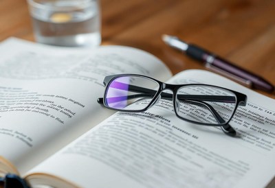 Black-rimmed glasses lie on a book
