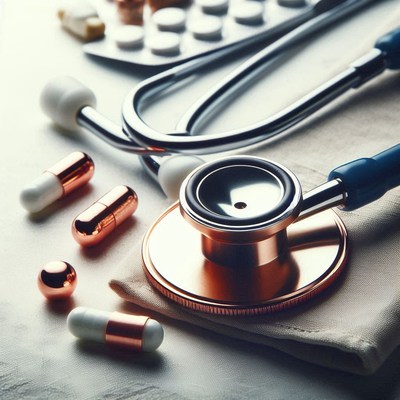 A stethoscope and pills rest on a white surface