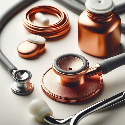 Copper stethoscope and tools on white surface