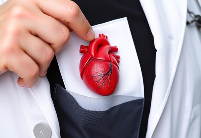 A hand holds a red heart model in a lab coat pocket