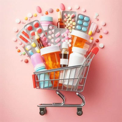 A small shopping cart filled with medicine