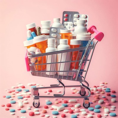 Medicine bottles in a cart on a pink backdrop