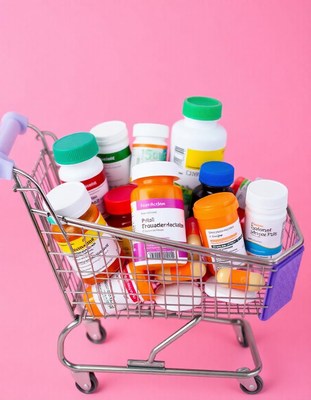 A shopping cart full of pills on a pink background