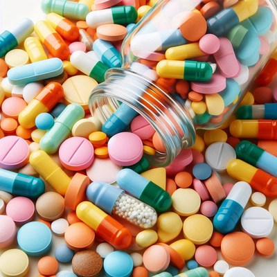 A jar of colorful pills spills onto a white surface