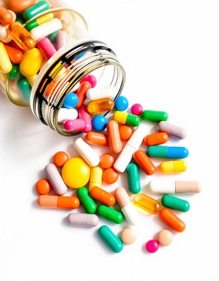 Colorful pills spill from a glass jar