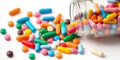 Colorful pills spill from a glass jar