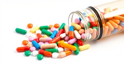 Colorful pills spill from a bottle