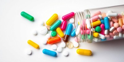 Colorful pills spill from a glass jar