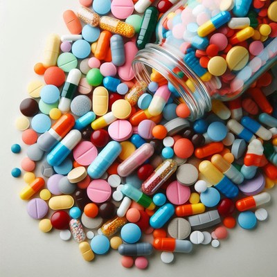 Colorful pills spill from a jar