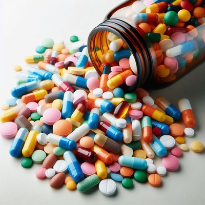 A bottle spills colorful pills on a white surface