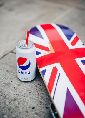 Pepsi with a straw beside a union jack skateboard