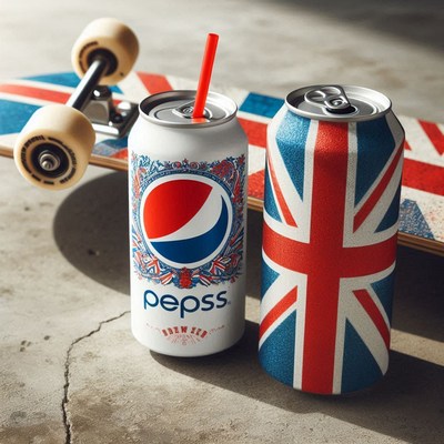 Two pepsi cans sit on a skateboard