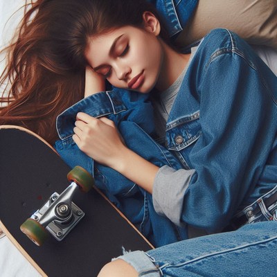 A woman sleeps on a skateboard