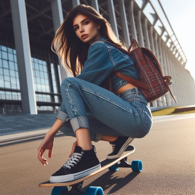 A woman sits on a skateboard in the city