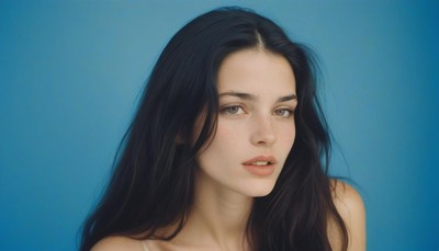 A woman with long dark hair poses against a blue background