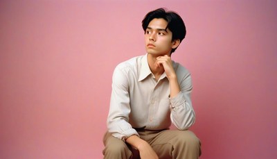 A young man sits against a pink background