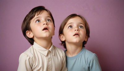 Two young boys look up at the sky