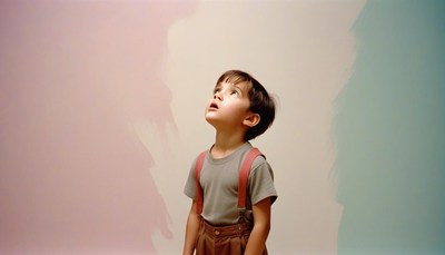 A young boy looks up at the ceiling