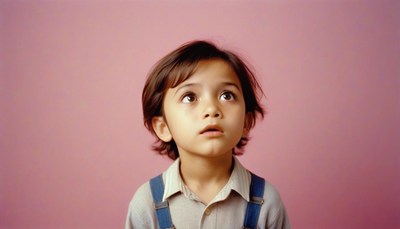 A young child looks up in wonder against a pink wall