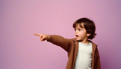 A boy points to the left, looking surprised