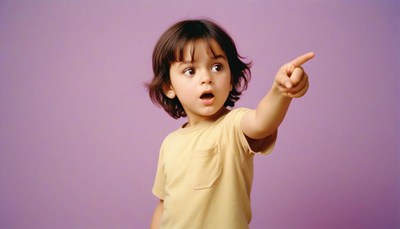 Child joyfully points at a purple background