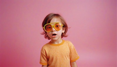 Child in yellow sunglasses against pink background