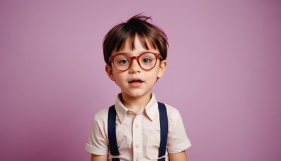 Boy in glasses poses against a purple backdrop