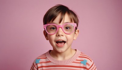 Child in pink glasses smiles before a pink backdrop