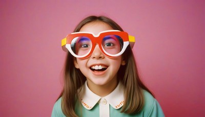 A girl smiles while wearing oversized glasses