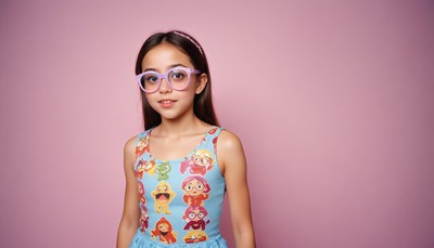 A young girl in glasses smiles at the camera