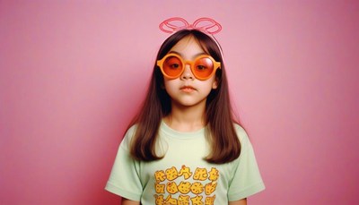 Girl in sunglasses and headband by a pink wall