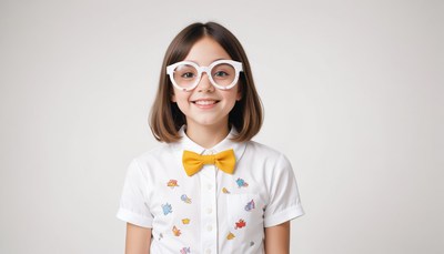 A girl smiles while wearing white glasses and a bow tie