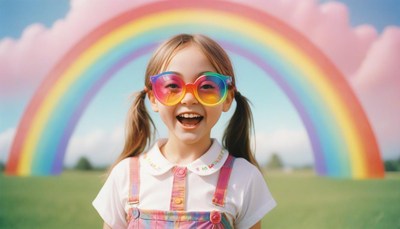 A girl smiles in front of a rainbow