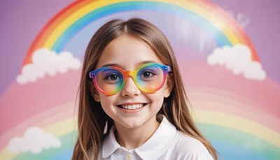 A young girl smiles while wearing rainbow glasses