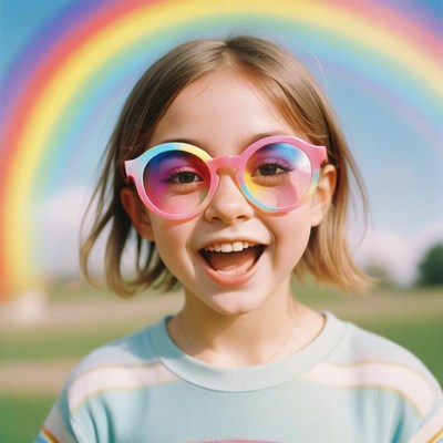 Girl in rainbow glasses smiles by a rainbow