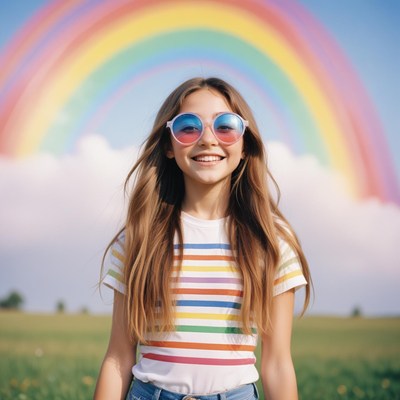 A girl smiles in front of a rainbow