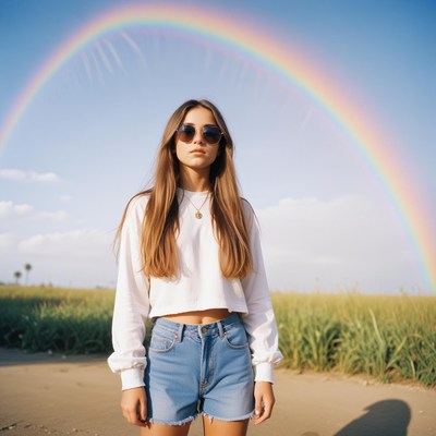 A woman stands in a field with a rainbow behind her