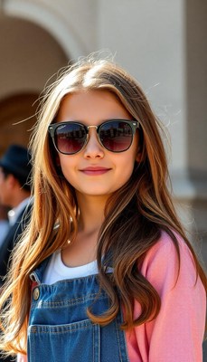Girl in denim overalls smiles with sunglasses on