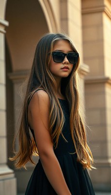 A girl in a black dress and sunglasses stands by an archway