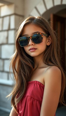 A young girl wearing sunglasses looks off to the side