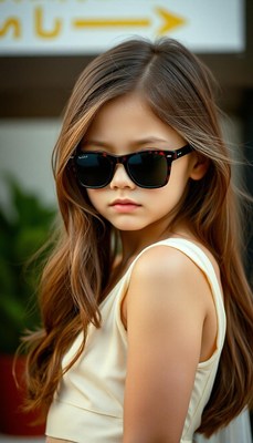 A young girl wearing sunglasses looks intently at the camera