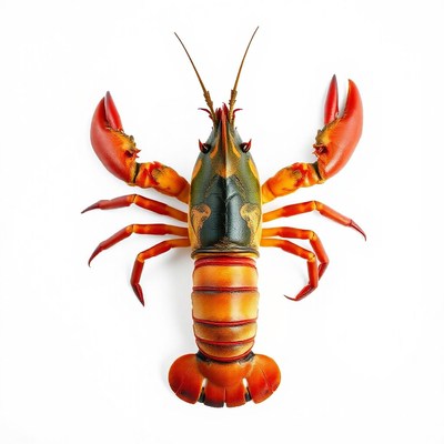 A red and black lobster sits on a white background