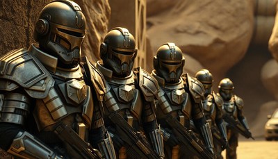 Soldiers stand in formation, ready for battle