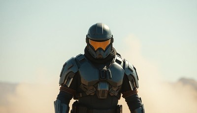 A soldier in full armor walks through a dusty desert