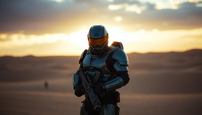 A soldier stands in a desert at sunset