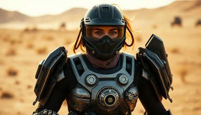 A woman in armor stands in a desert