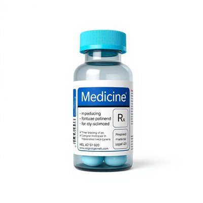 A bottle of medicine with blue pills
